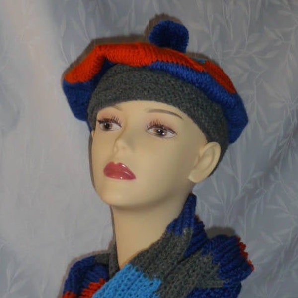 Ensemble Béret  et snood, tricot fait main rayures tendances, béret et tour de cou assorti