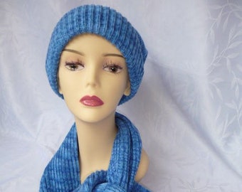 hand knit hat, matching acrylic baby scarf - blue monochrome