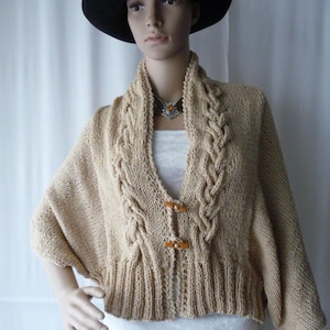 jacket T.36/38, UNIQUE piece, women's vest, handmade knitted bolero jacket with twist in shawl collar, beige