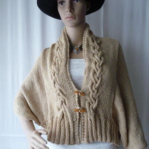 jacket T.36/38, UNIQUE piece, women&#39;s vest, handmade knitted bolero jacket with twist in shawl collar, beige