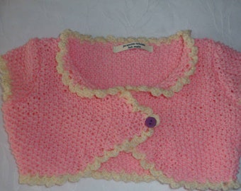 Gilet court fille, bolero court, Gilet court 3/4 ans manches courtes tricot fait main rose et écru