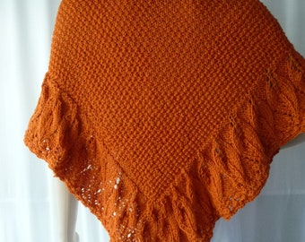 shawl, large shawl, triangular shawl, handmade knitting, tangerine color