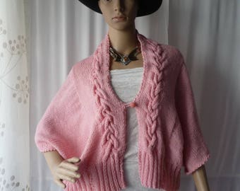 jacket T.38/40 UNIQUE piece, hand knitted, women's knit bolero, twisted bolero, powder pink handmade knit