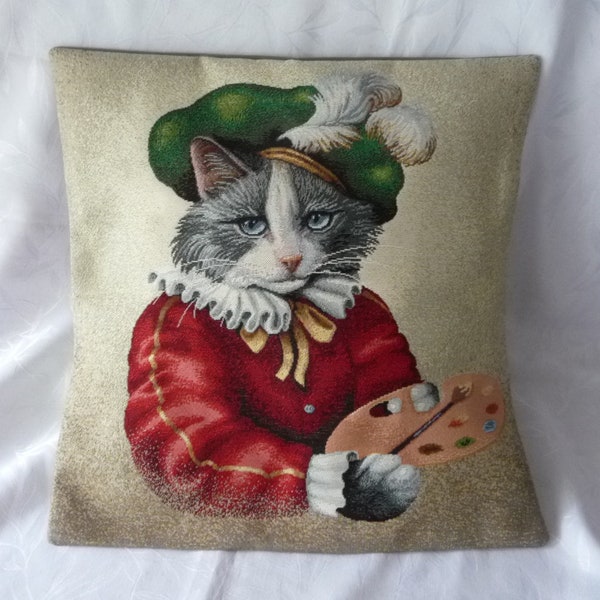 Housse de coussin tapisserie , toile  coton, motif chat artiste peintre