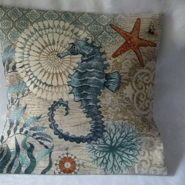 Jacquard tapestry cushion cover, cotton canvas, SEA HIPPOCAMPE pattern, limited edition