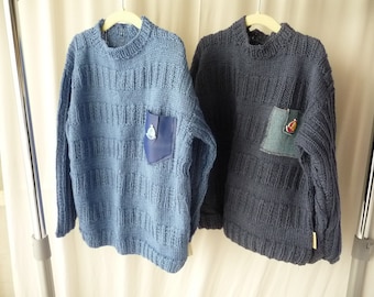 pull garçon, T. 8/10 ans , tricot fait main   rayures points fantaisie