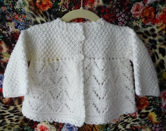 cardigan T. 3/6 months or 9/12 months snow white, handmade knit.