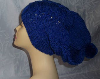 Pompom hat and snood set, electric blue handmade knit