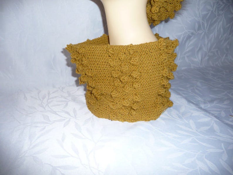 Hat and snood set, matching, handmade knitting dark ocher image 2