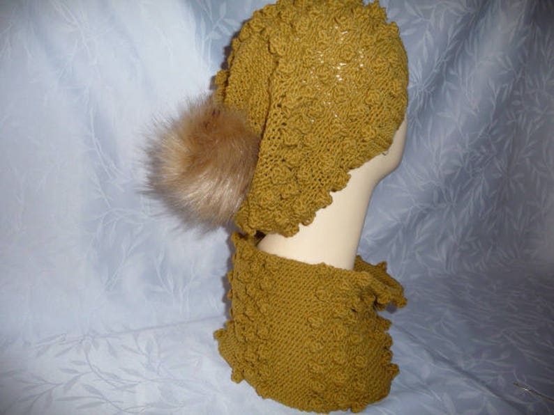 Hat and snood set, matching, handmade knitting dark ocher image 4