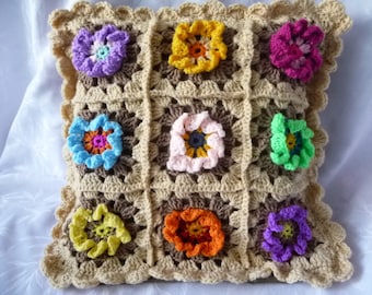 coussin gipsy neuf, Housse de coussin,fleurs multicolores, carré crochet fait main, édition limitée