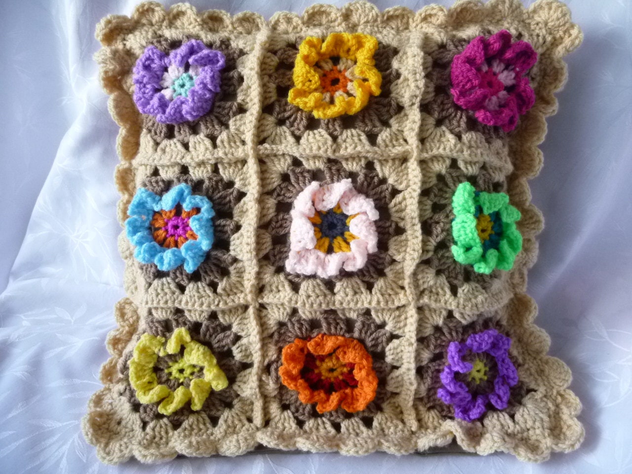 Coussin Gipsy Neuf, Housse de Coussin, Fleurs Multicolores, Carré Crochet Fait Main, Édition Limitée