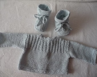 kit cadeau de naissance brassière bébé coton et chaussons coton, tricot fait main, cadeau naissance,