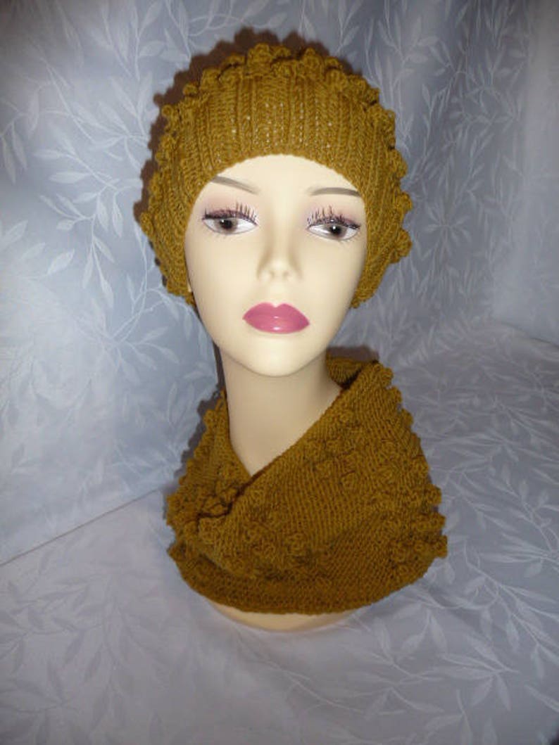 Hat and snood set, matching, handmade knitting dark ocher image 3