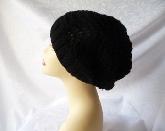 women's knit hat, handmade knitting, black wool hat