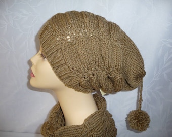 Handmade knitted hat and snood set in merino wool and silk - khaki
