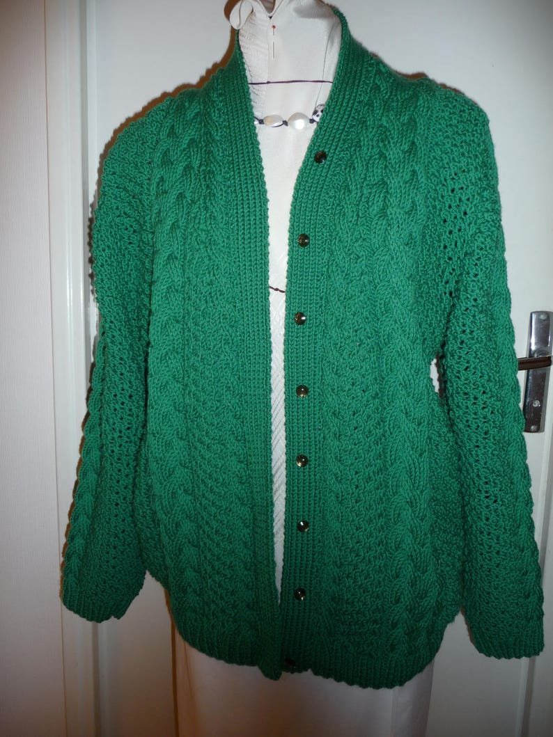 veste T.40/42, Pièce UNIQUE, gilet femme,veste celtic mailles irlandaises tricot fait main vert 100% mérinos image 1