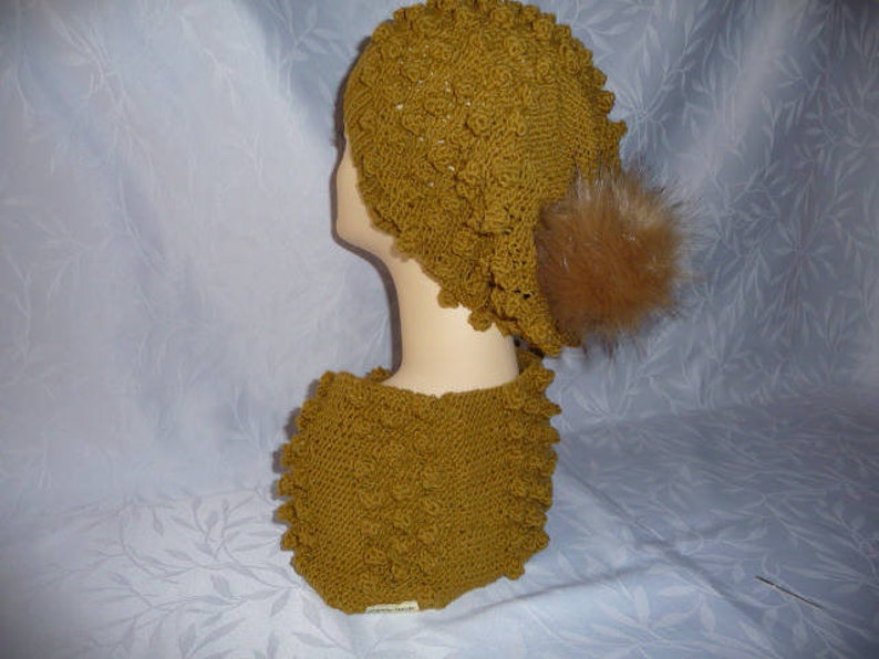 Hat and snood set, matching, handmade knitting dark ocher image 1