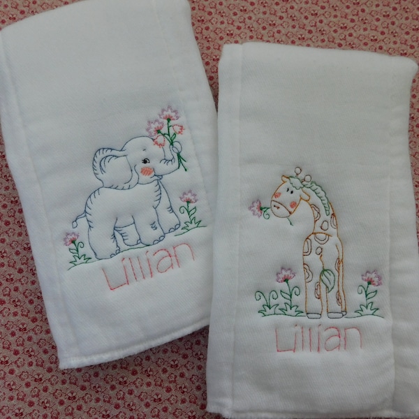 Infant Girl Burp Cloths Embroidered, Personalized burp cloths for baby Girl, Animal theme, Set of two burp cloths, elephant/giraffe burpies