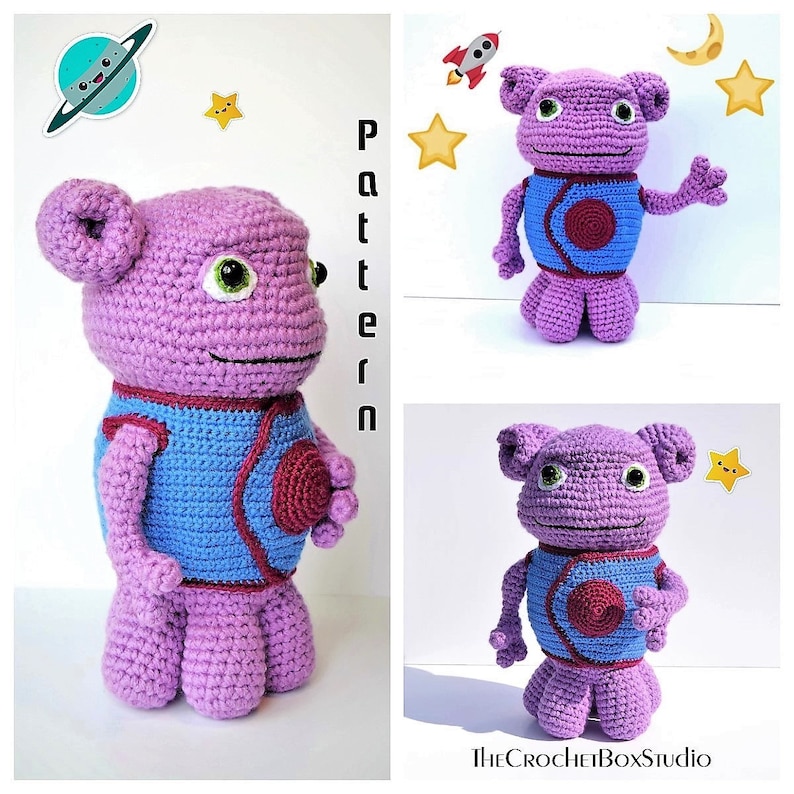 May include: Crochet pattern for a purple alien with a blue and red shirt. The pattern includes instructions for making the alien's body, head, arms, and legs. The pattern is available for download.
