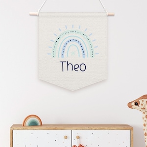 Custom Kids Name Rainbow Banner | Personalized Pennant Flag | Custom Name Wall Banner | Canvas Flag |  Boy Nursery Room Decor