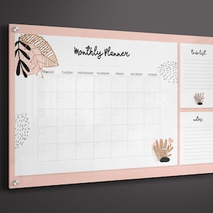 Large Acrylic Monthly Planner Floral | Personalized Dry Erase Board | Monthly Weekly Family Calendar 2021 | Wall Calendar with Side Notes