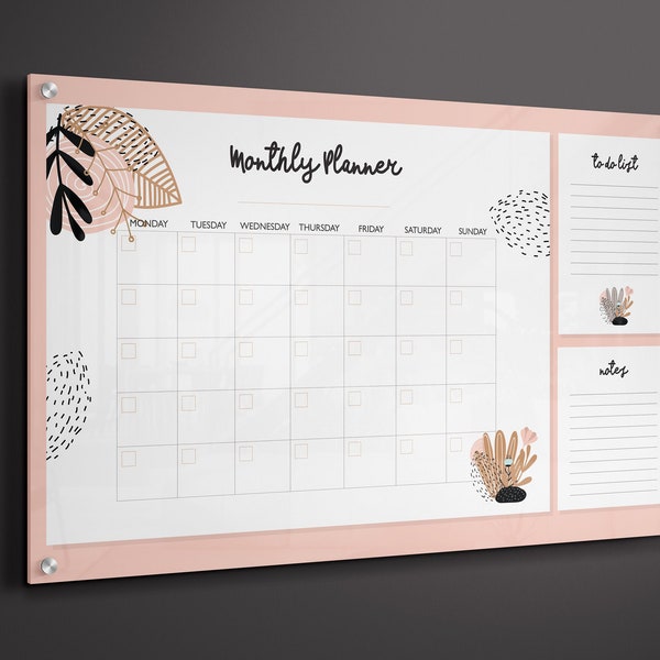 Large Acrylic Monthly Planner Floral | Personalized Dry Erase Board | Monthly Weekly Family Calendar 2021 | Wall Calendar with Side Notes