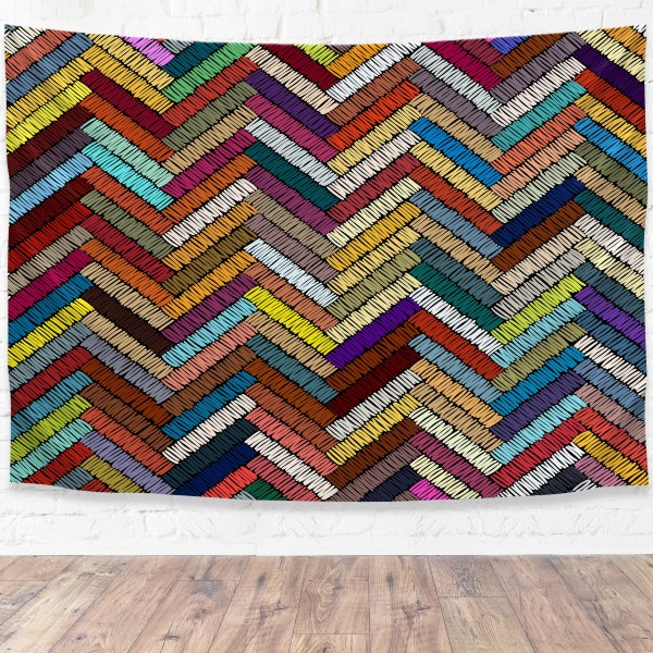 Pro-Graphx Tapestry Embroidery Pattern Zig Zag 53" x 70" - Boho Wall Hanging Design Large Landscape for Living Room, Bedroom, Dorm