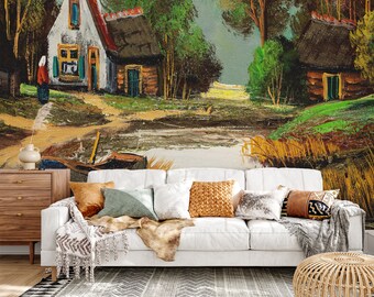 Pro-Graphx Tapeten-Wandbild – Idyllisches Cottage – abziehen und aufkleben, vorgeklebt, Grasstoff-Tapete | Abnehmbare, neu positionierbare, großformatige Kunst