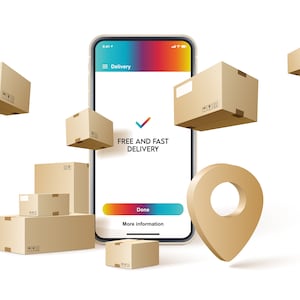May include: A smartphone screen displays a delivery app interface with the words "Free and Fast Delivery." Cardboard boxes surround the phone, with a location pin icon. The background is white.