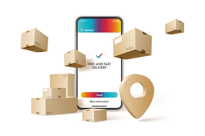 May include: A smartphone screen displays a delivery app interface with the words "Free and Fast Delivery." Cardboard boxes surround the phone, with a location pin icon. The background is white.