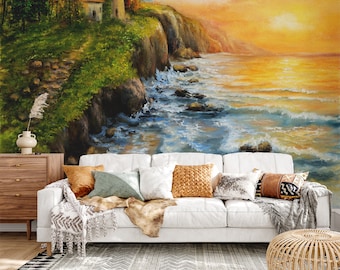 Mural de papel pintado Pro-Graphx - Atardecer en el faro - Peel & Stick, Pre-Pegado, Papel pintado de tela de hierba/ Arte reposicionable a gran escala extraíble