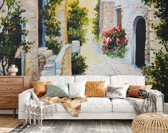 Mural de papel pintado Pro-Graphx - Calle italiana - Peel & Stick, Pre-Pegado, Papel pintado de tela de hierba/ Arte reposicionable a gran escala extraíble