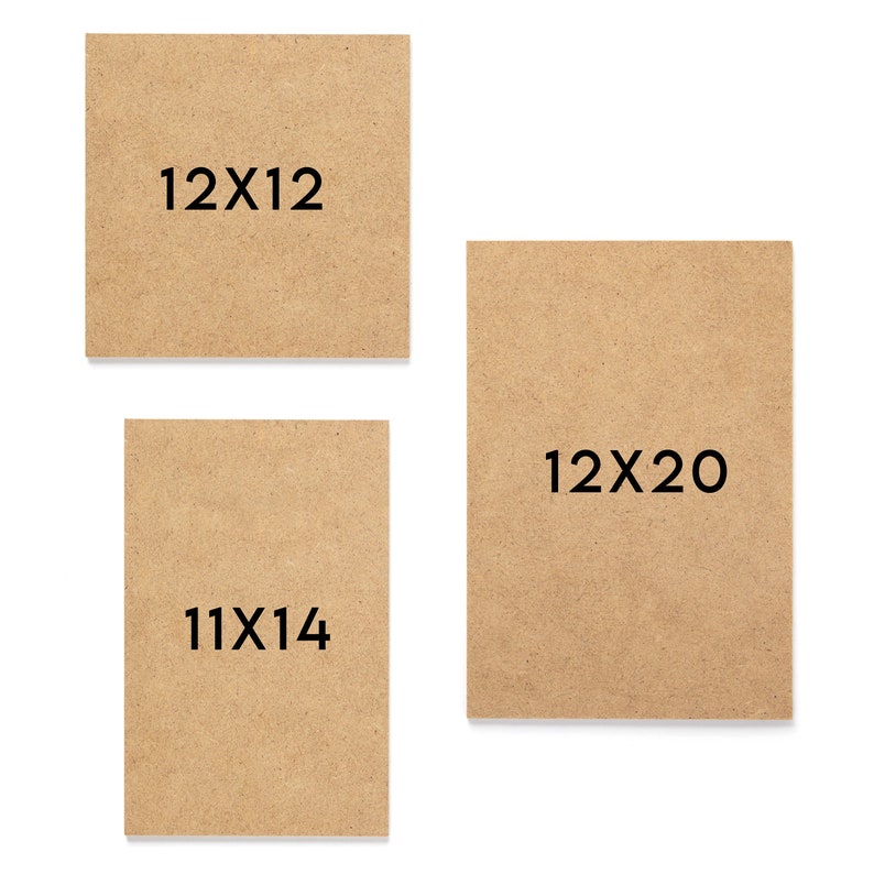 May include: Three rectangular wooden panels in varying sizes. The largest is labeled "12X20", the smallest is labeled "11X14", and the square panel is labeled "12X12". All panels are a light brown color.