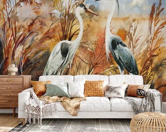 Mural de papel pintado Pro-Graphx - Grúas de acuarela - Peel & Stick, Pre-Pegado, Papel pintado de tela de hierba / Arte reposicionable a gran escala extraíble