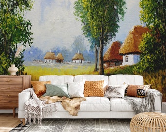 Mural de papel pintado Pro-Graphx - Pueblo de Ucrania - Peel & Stick, Pre-Pegado, Papel pintado de tela de hierba/ Arte reposicionable a gran escala extraíble