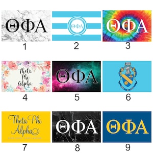 May include: Nine different designs for a Theta Phi Alpha sorority flag. The designs include marble, tie-dye, floral, galaxy, crest, and solid colors.