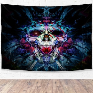 May include: A psychedelic tapestry featuring a colorful skull with red eyes and a red tongue. The skull is surrounded by swirling blue, purple, and pink patterns.