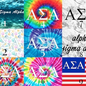 May include: Nine different designs featuring the Greek letters ΑΣΑ, representing Alpha Sigma Alpha. The designs include tie-dye patterns, marble textures, an American flag, and ocean-themed backgrounds. The text "Alpha Sigma Alpha" is also present.