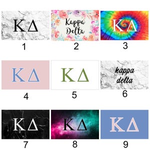 May include: Nine different designs for a Kappa Delta sorority sticker. The designs include marble, floral, tie-dye, solid colors, and galaxy patterns. The letters "KA" are featured in each design.