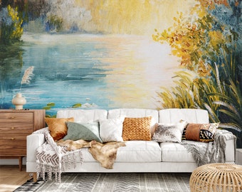 Mural de papel pintado Pro-Graphx - Atardecer en el lago - Peel & Stick, Pre-Pegado, Papel pintado de tela de hierba/ Arte reposicionable a gran escala extraíble