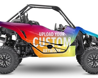 May include: A side view of a black and rainbow colored off-road vehicle with the text "UPLOAD YOUR CUSTOM ARTWORK" on the side.