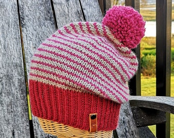 Hand Knitted Women's Striped Relaxed Beanie Pink / Red / Cream