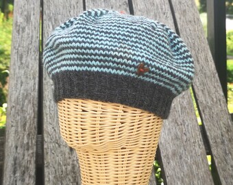 Hand Knitted Women's Beret Dark Grey / Light Blue Stripe / Orange Toggle