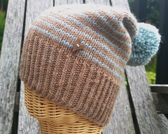 Hand Knitted Women's Striped Relaxed Beanie Beige / Light Blue