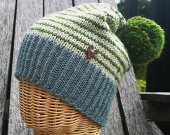 Hand Knitted Women's Striped Relaxed Beanie Dusky Blue / Light Grey / Green