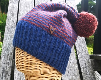 Hand Knitted Women's Striped Relaxed Beanie French Blue / Rust Brown