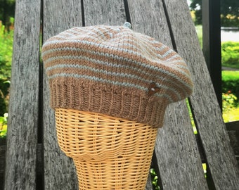 Hand Knitted Women's Beret Camel / Light Grey Stripe