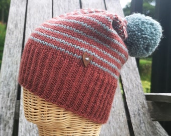 Hand Knitted Women's Striped Relaxed Beanie Rust Brown / Dusky Blue