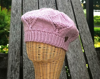 Bramble Beret - Hand Knitted Women's Beret Light Pink / Brown Toggle